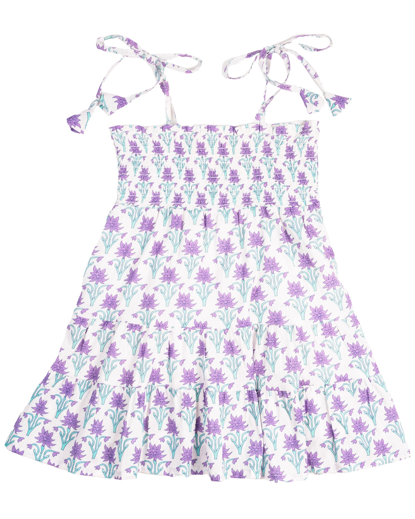 Purple and Teal Floral Block Shirred Dress