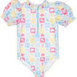 Coastal Stamps Puff Sleeve One Piece- FINAL SALE