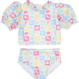 Coastal Stamps in Pastel Puff Sleeve Tankini- FINAL SALE