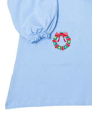 Holiday Wreath Blue Knit Dress- FINAL SALE