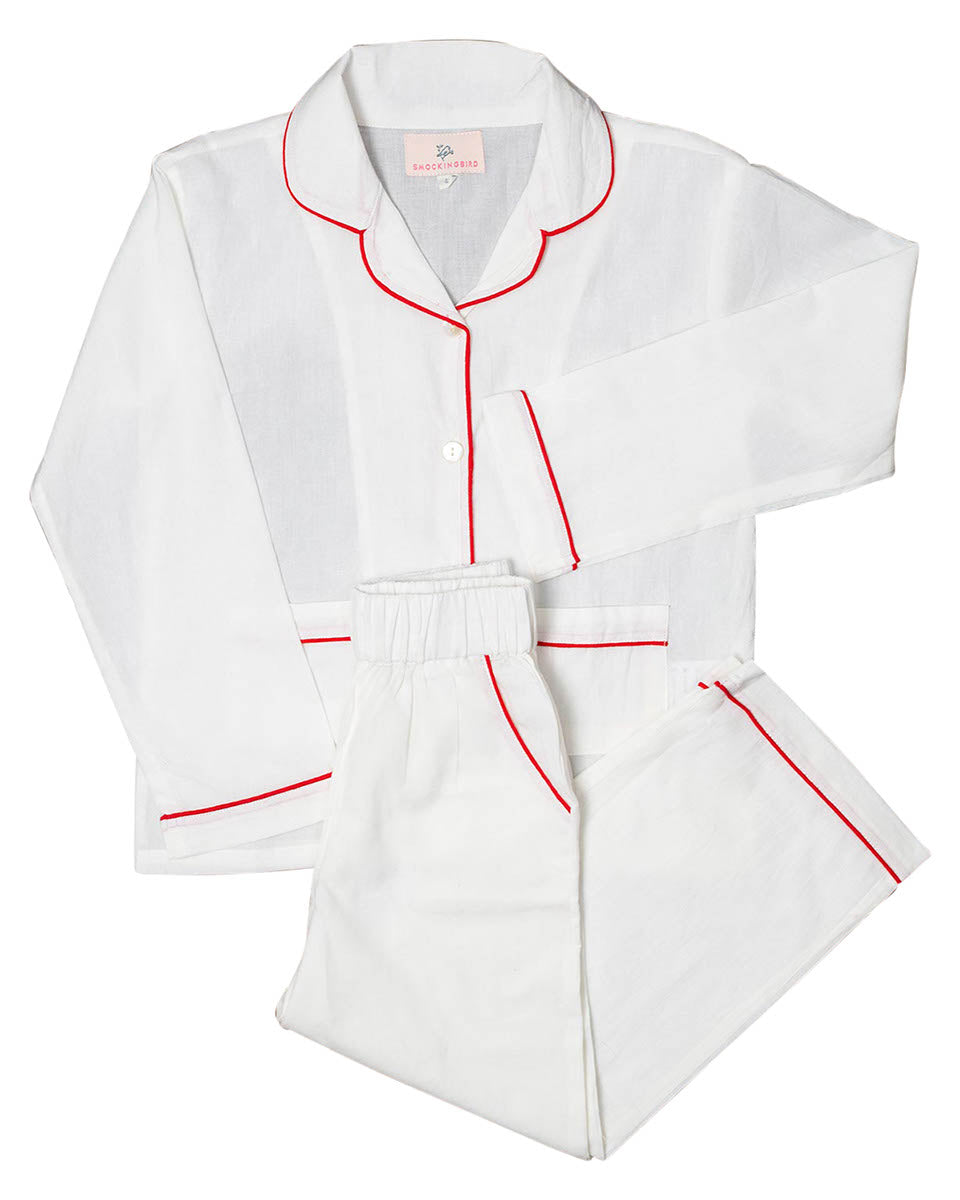 White Button Down Pajamas with Red Trim- FINAL SALE