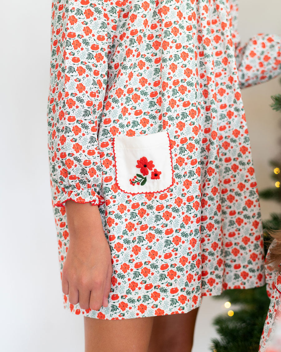 Holiday Floral Embroidered Pocket Dress- FINAL SALE