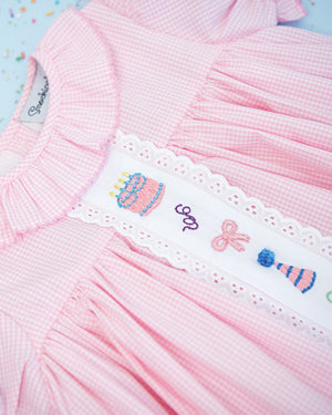 Party Time Hand Embroidered Pink Gingham Dress