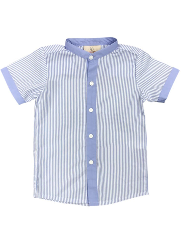 Blue Stripe Banded Collar Shirt- FINAL SALE
