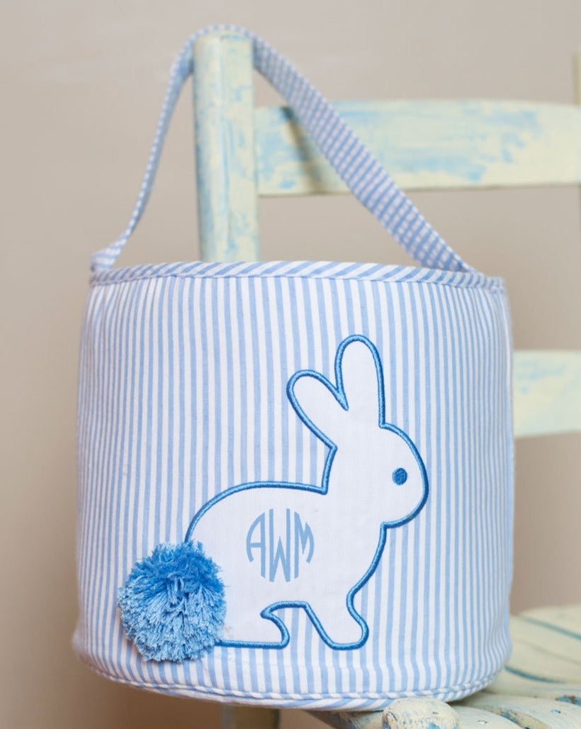 Bunny Applique Blue Seersucker Easter Basket-FINAL SALE