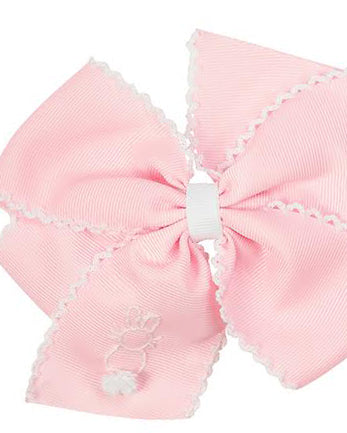 Bunny Embroidered Pink Hair Bow with White Trim-FINAL SALE