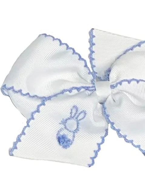 Bunny Embroidered White Hair Bow With Blue Trim-FINAL SALE