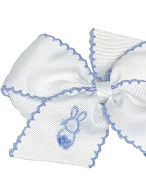 Bunny Embroidered White Hair Bow With Blue Trim-FINAL SALE