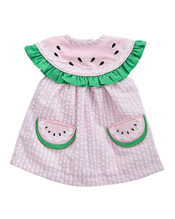 Watermelon Collar Pink Seersucker Dress for Doll Smockingbird