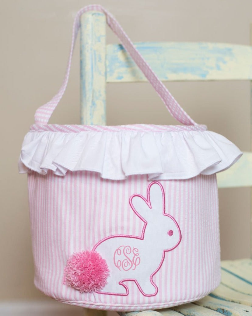Bunny Applique Pink Seersucker Easter Basket-FINAL SALE