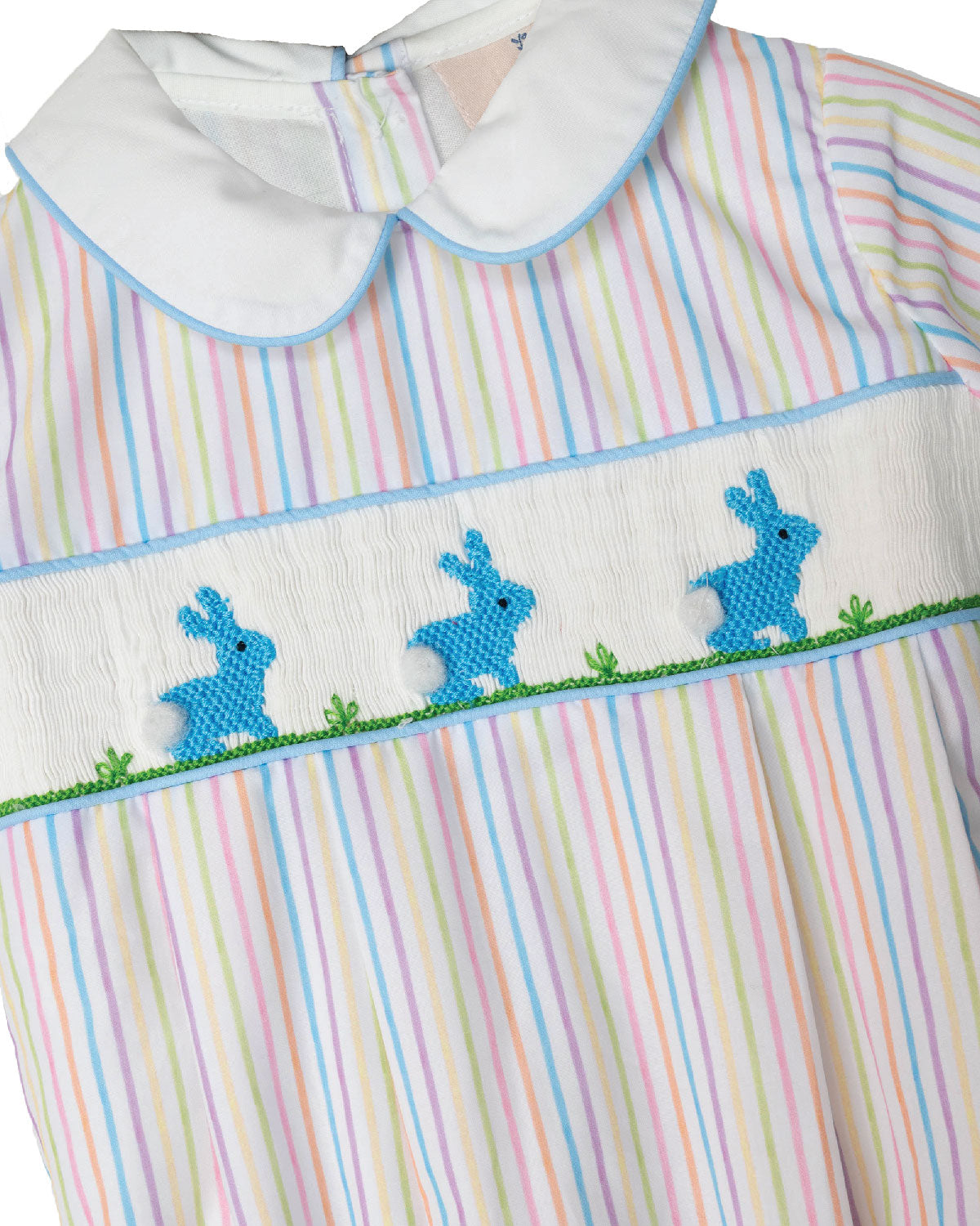 Bunnies Smocked Colorful Stripes Bubble In Blue-FINAL SALE