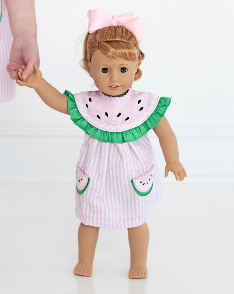 Watermelon Collar Pink Seersucker Dress for Doll