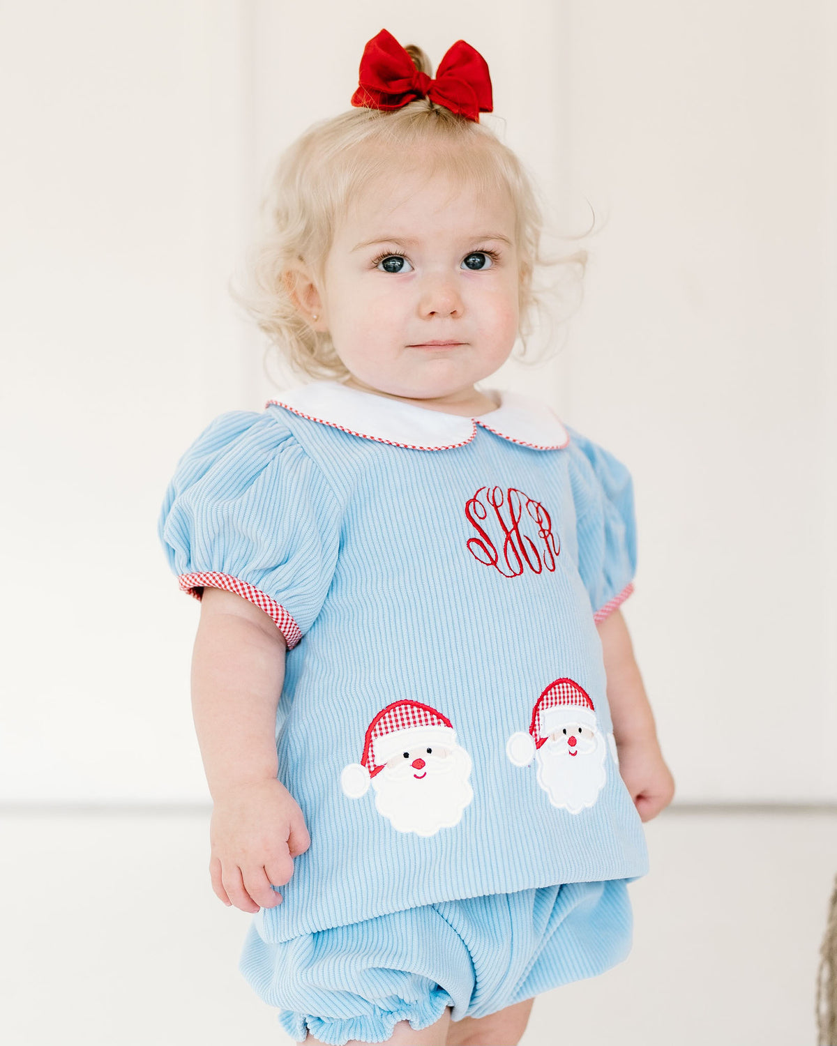 Santa Applique Light Blue Corduroy Bloomer Set