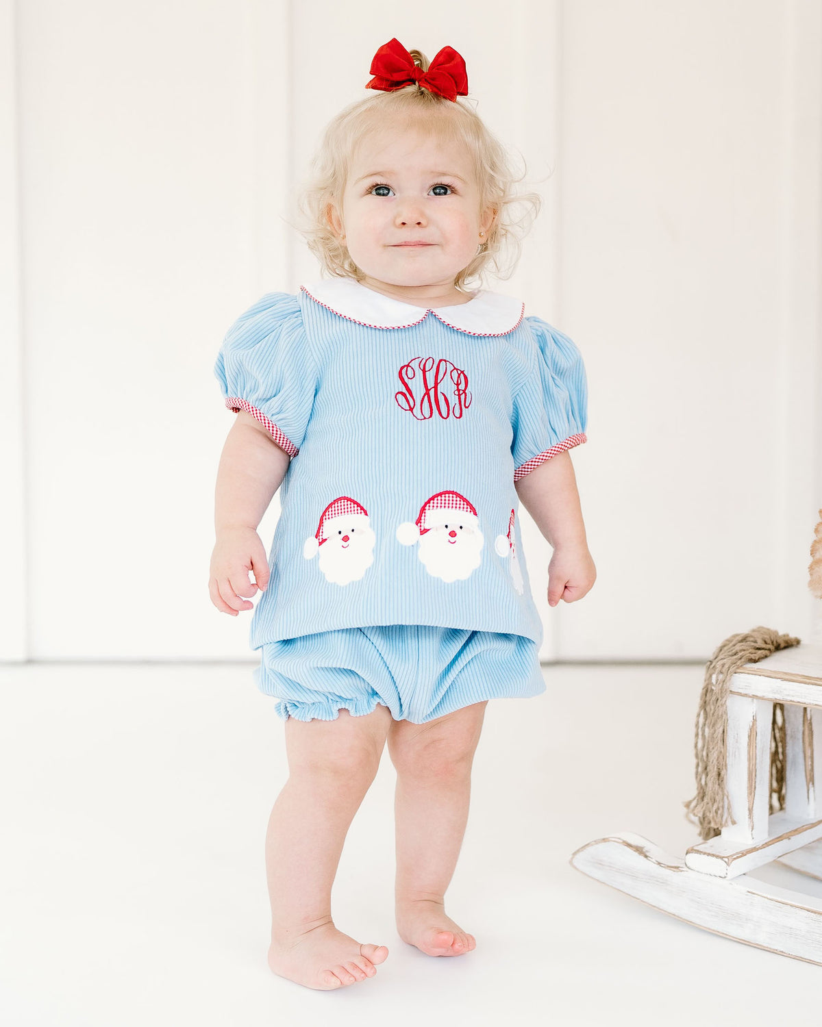 Santa Applique Light Blue Corduroy Bloomer Set