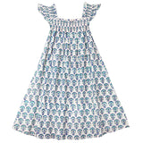 Blue Poppy Block Print Angel Sleeve Dress