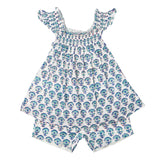 Blue Poppy Block Print Angel Sleeve Shorts Set