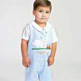 Bunny and Carrots Blue Seersucker Shortall