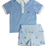 Sailboat Embroidered Seersucker Shorts Set