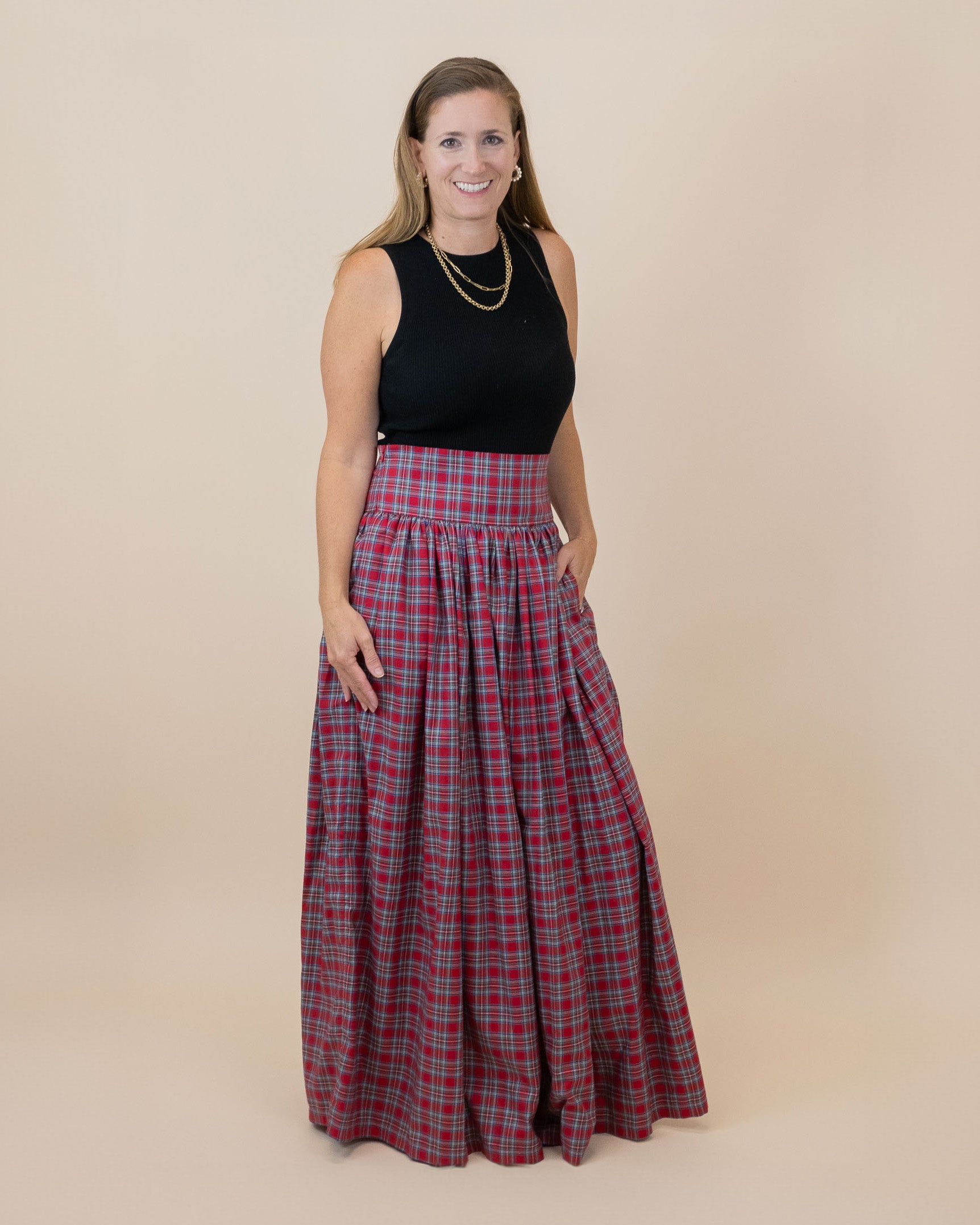 Red Tartan Plaid Maxi Skirt for Ladies