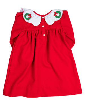 Red Wreath Embroidered Scallop Collar Dress