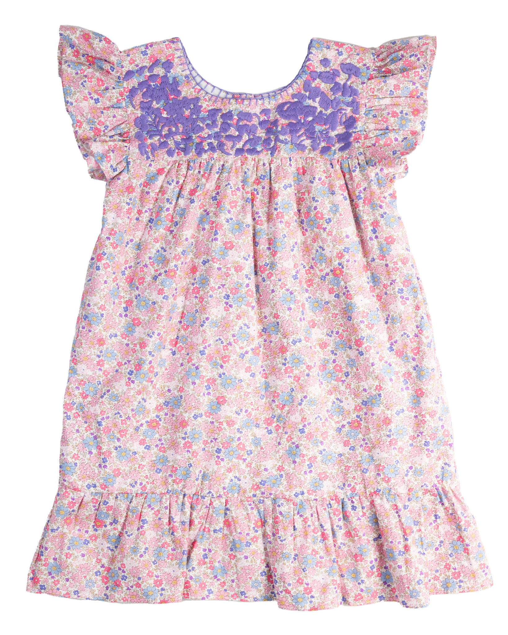 Purple Floral Embroidered Ruffle Sleeve Dress
