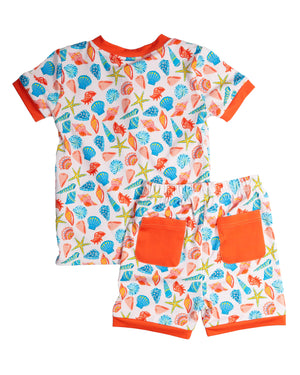 Bright Sea Life Short Sleeve Pajama Set with Coral Trim