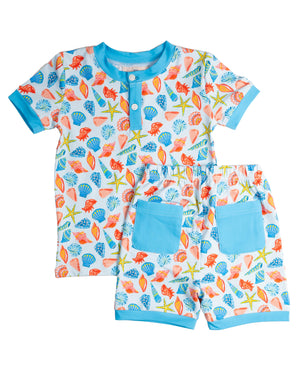 Bright Sea Life Short Sleeve Pajama Set with Blue Trim