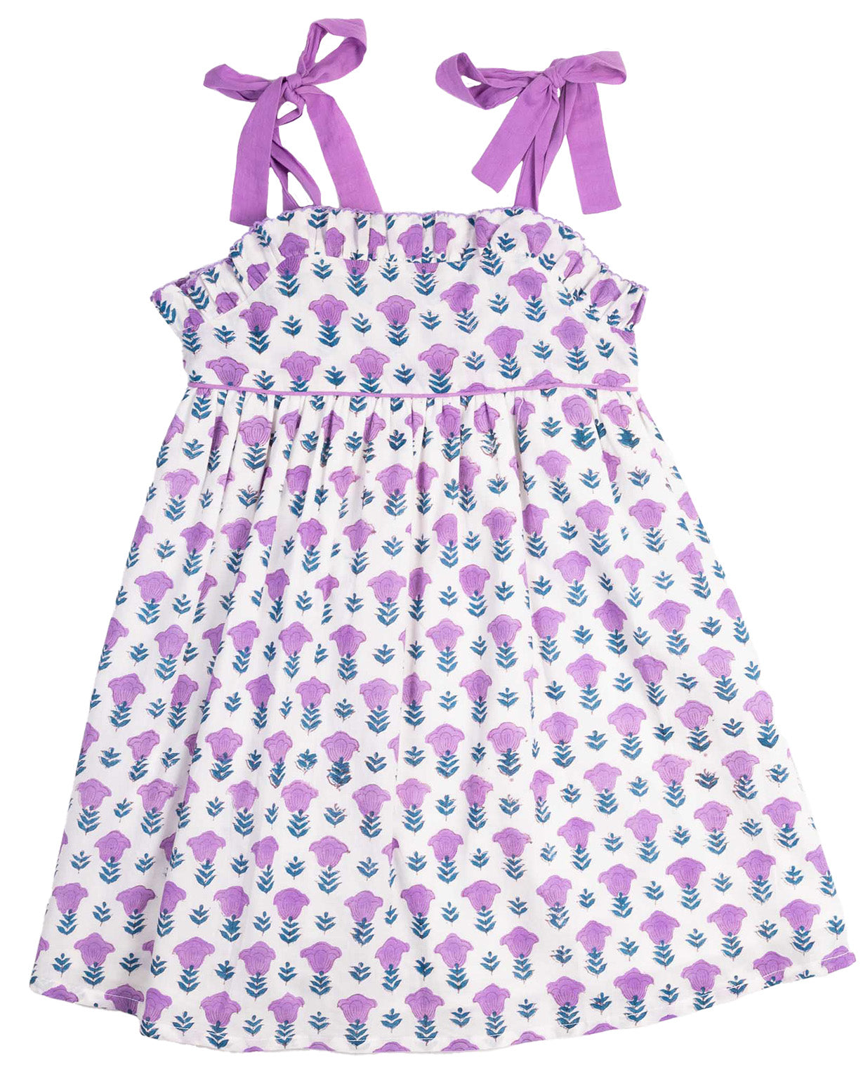 Purple Floral Block Print Tie Dress