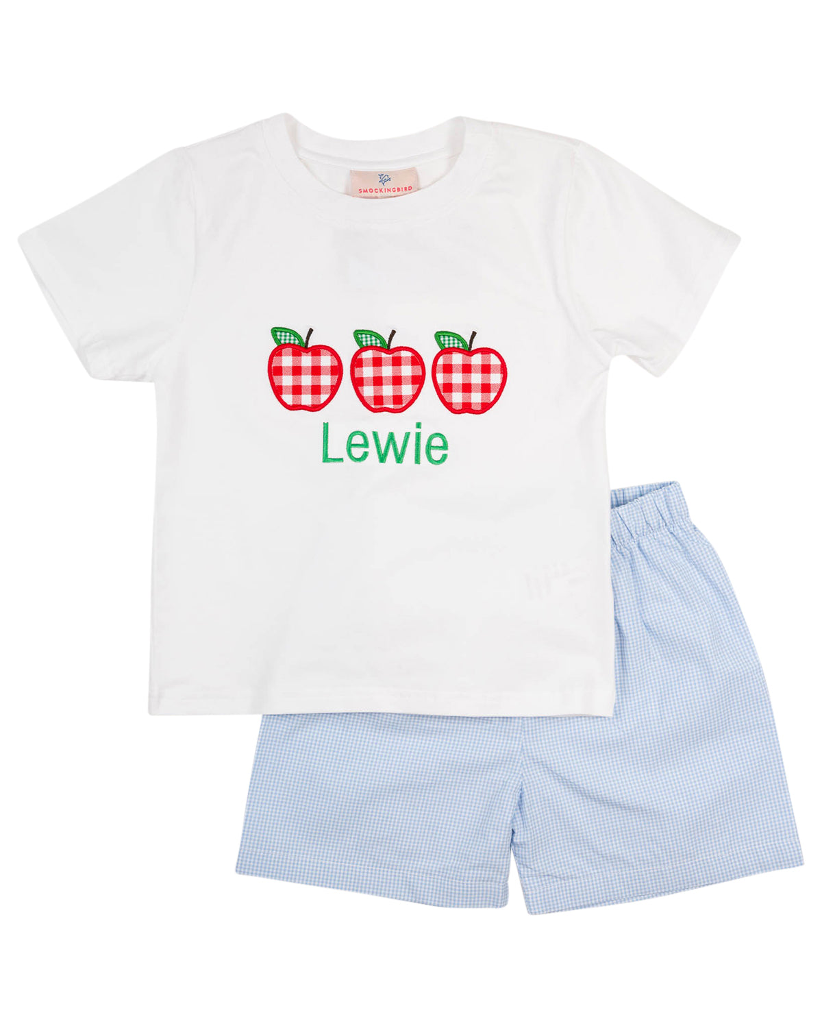 Apple Applique Pockets Gingham Shorts Set