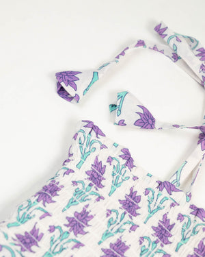 Purple and Teal Floral Block Shirred Dress