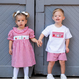 School Supplies Smocked Red Windowpane Shorts Set