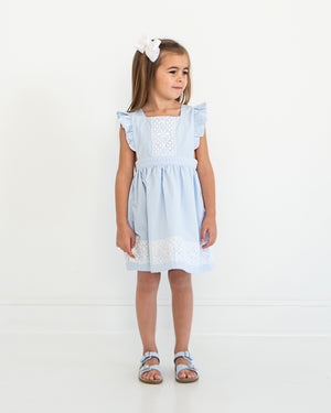 Blue Gingham Pinafore Dress with Lace