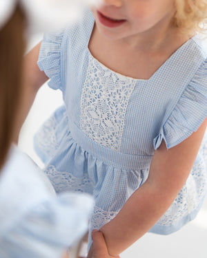 Blue Gingham Pinafore Bloomer Set with Lace