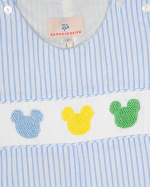 Mouse Smocked Blue Striped Shortall