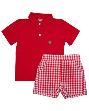 Apple Embroidered Red Checked Shorts Set