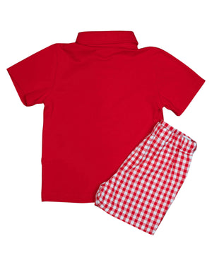 Apple Embroidered Red Checked Shorts Set