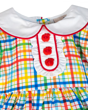 Rainbow Plaid Dress with Apple Buttons