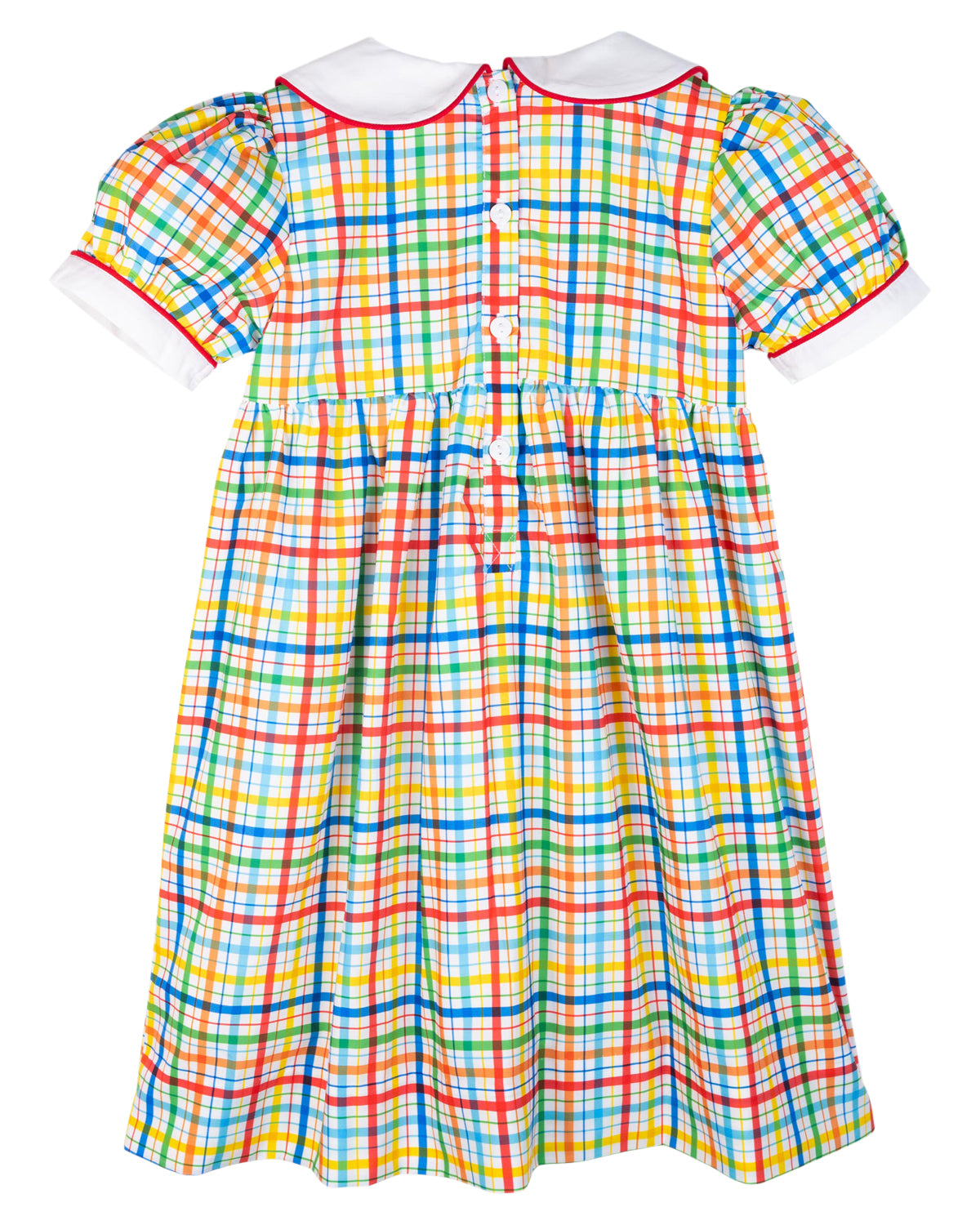 Rainbow Plaid Dress with Apple Buttons