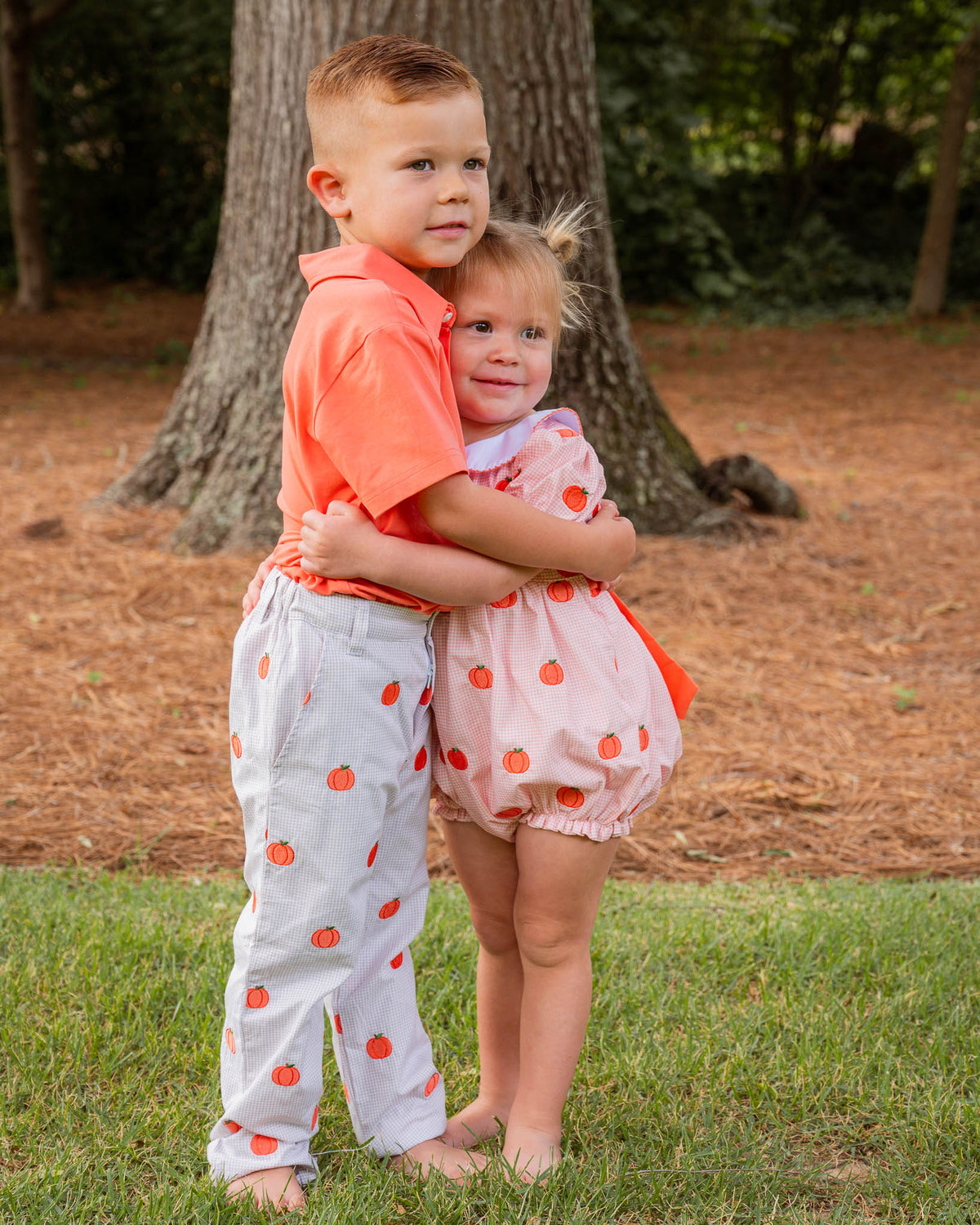 Pumpkin Embroidered Coral Gingham Bubble