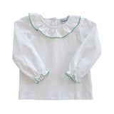 White Knit Blouse with Green Picot Trim