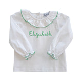 White Knit Blouse with Green Picot Trim