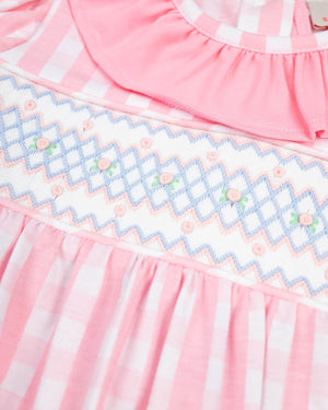 Pink Gingham Knit Smocked Long Sleeved Bubble