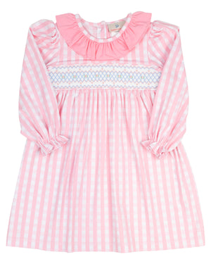 Pink Gingham Knit Smocked Long Sleeved Dress