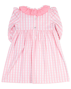 Pink Gingham Knit Smocked Long Sleeved Dress