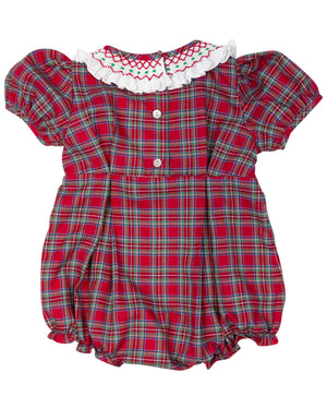 Red Tartan Plaid Smocked Ruffle Collar Bubble