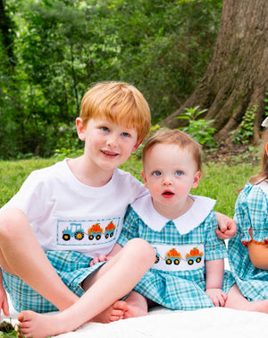 Tractor and Pumpkins Smocked Teal Plaid Shorts Set