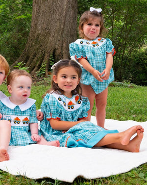 Tractor and Pumpkins Smocked Teal Plaid Dress-FINAL SALE