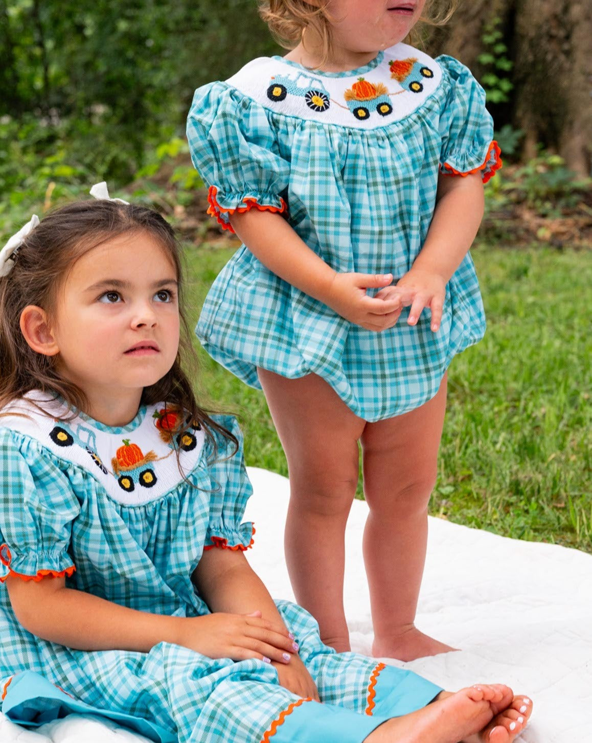 Tractor and Pumpkins Smocked Teal Plaid Girl Bubble