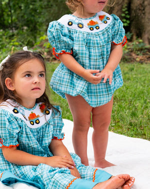 Tractor and Pumpkins Smocked Teal Plaid Girl Bubble