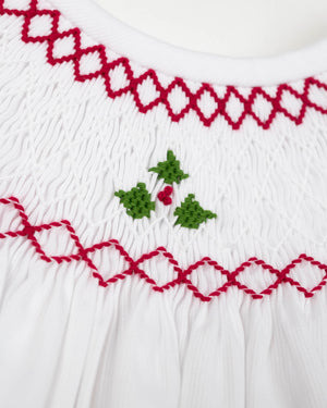 Holly Berry Smocked White Bishop Dress